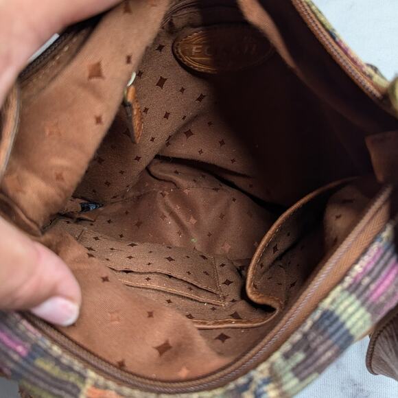 Fossil Brown Suede Colorful Baja Woven Canvas Turnlock Crossbody Swing Bag - Picture 7 of 8